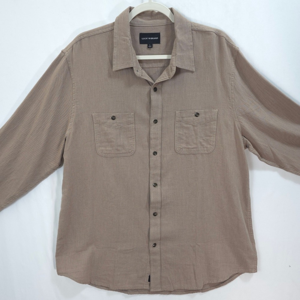 Lucky Brand Button Down Men L Dual Pocket Taupe Earthy Workwear Shirt Casual